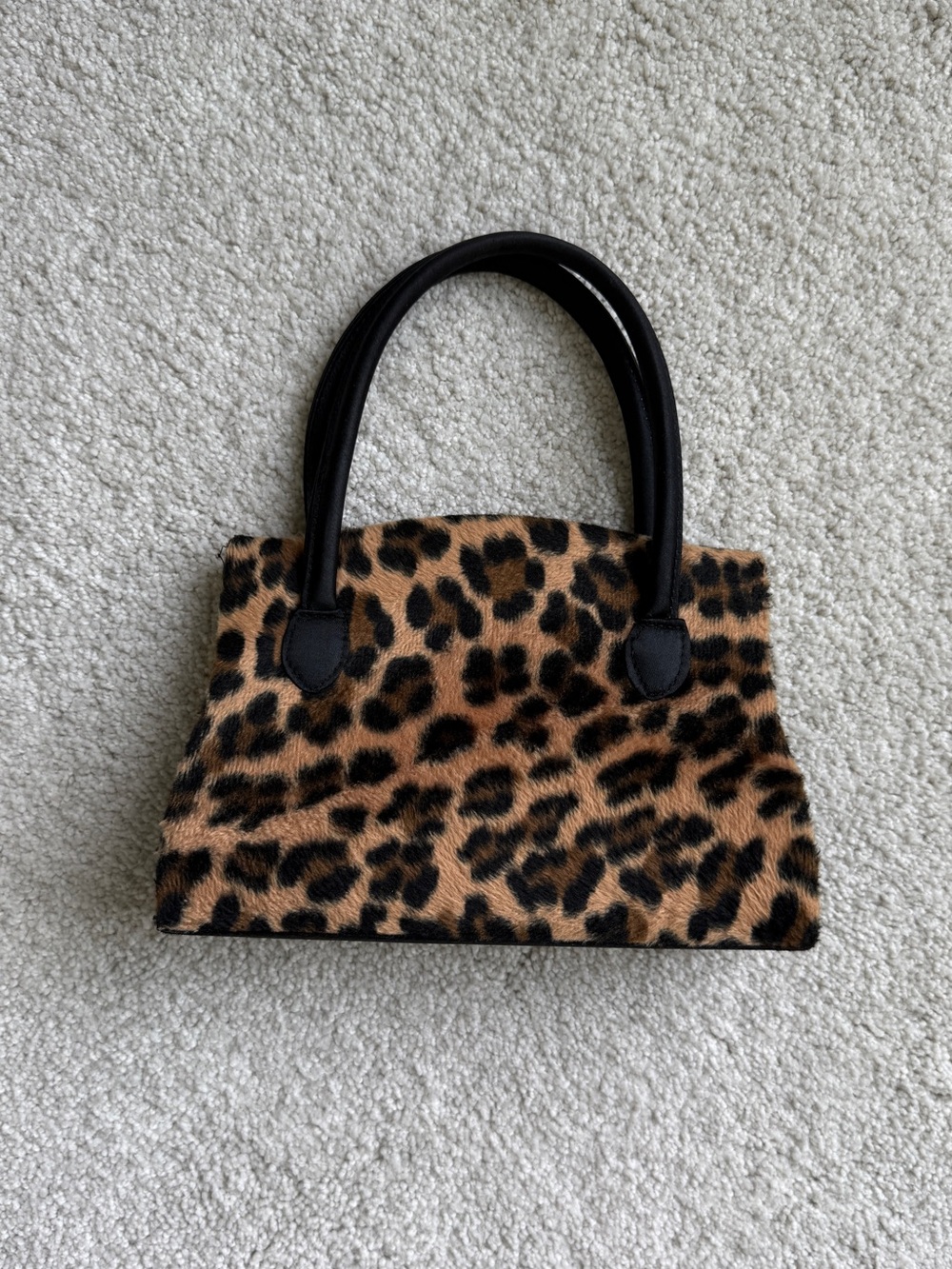 Leopard Print Faux Fur Top-Handle Bag - Black & Brown